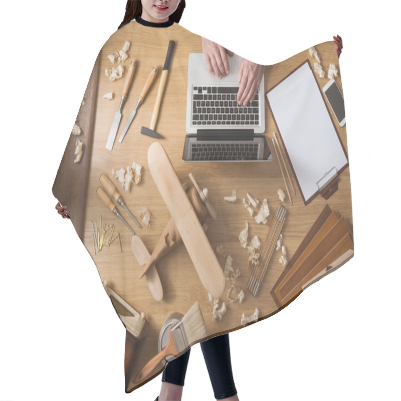 Personality  Man Working On A DIY Project With His Laptop Hair Cutting Cape