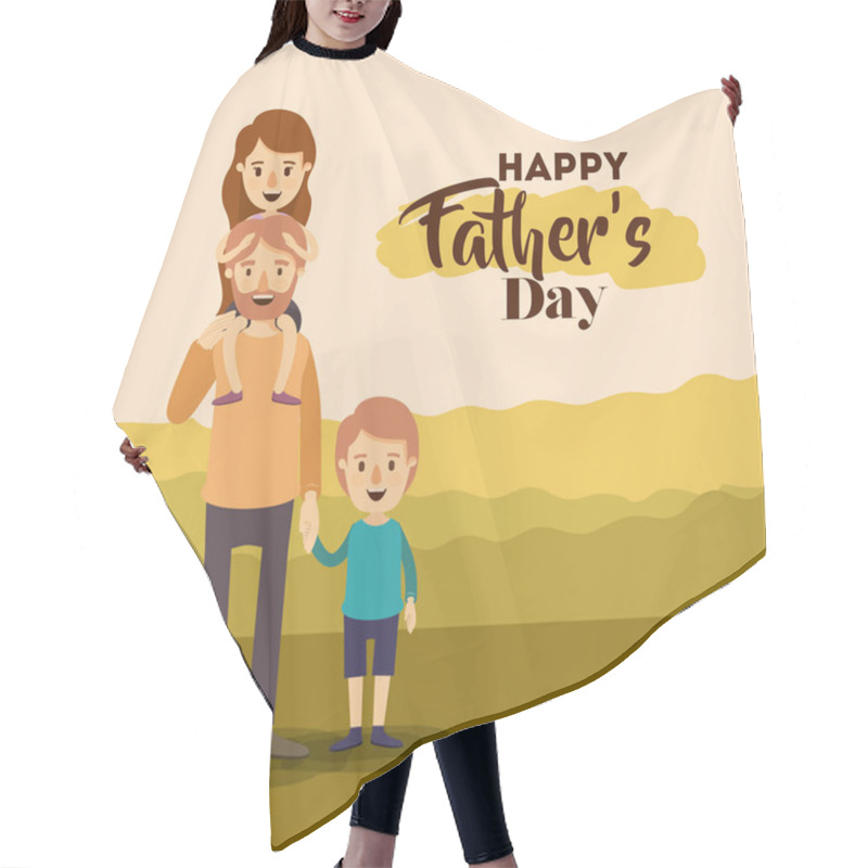 Personality  Colorful Background Landscape With Girl In Shoulders Of Dad And Kid Of The Hand On The Fathers Day Hair Cutting Cape