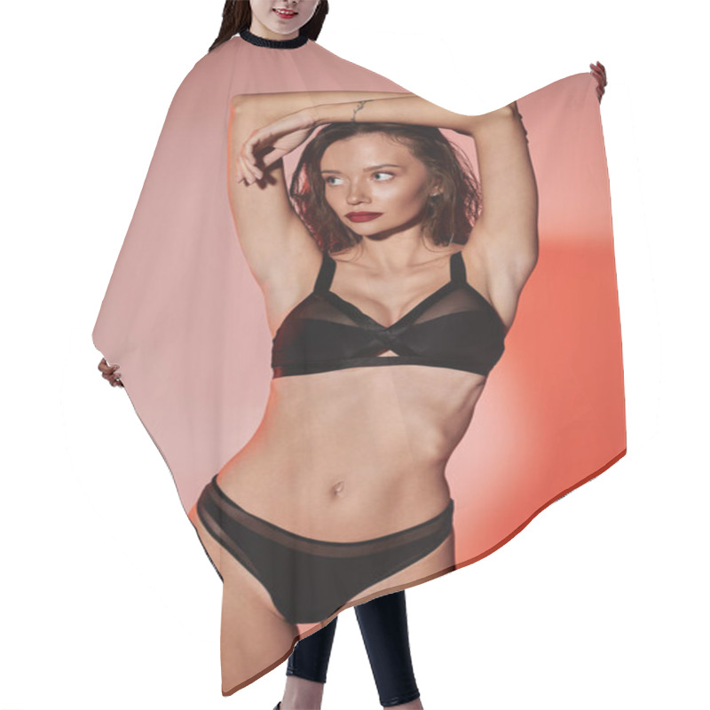 Personality  A Confident Young Woman Showcases Elegance In Stylish Lingerie. Hair Cutting Cape