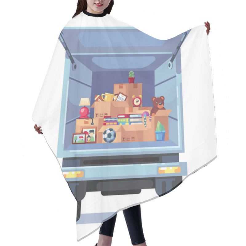 Personality  Vector Cartoon Style Illustration Of Truck With Open Bodywork And Home Stuff Inside. Cardboard Boxes In Van. Concept For Home Moving. Isolated On White Background. Hair Cutting Cape