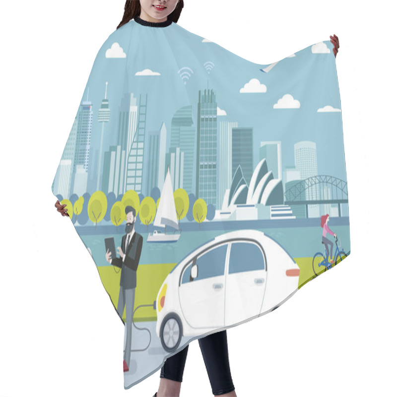 Personality  Electric Car Charging Point. A Man Charging His Electric Car With A Application. On The Background, A Panoramic Sydney Skyline. Flat Vector Illustration. Hair Cutting Cape