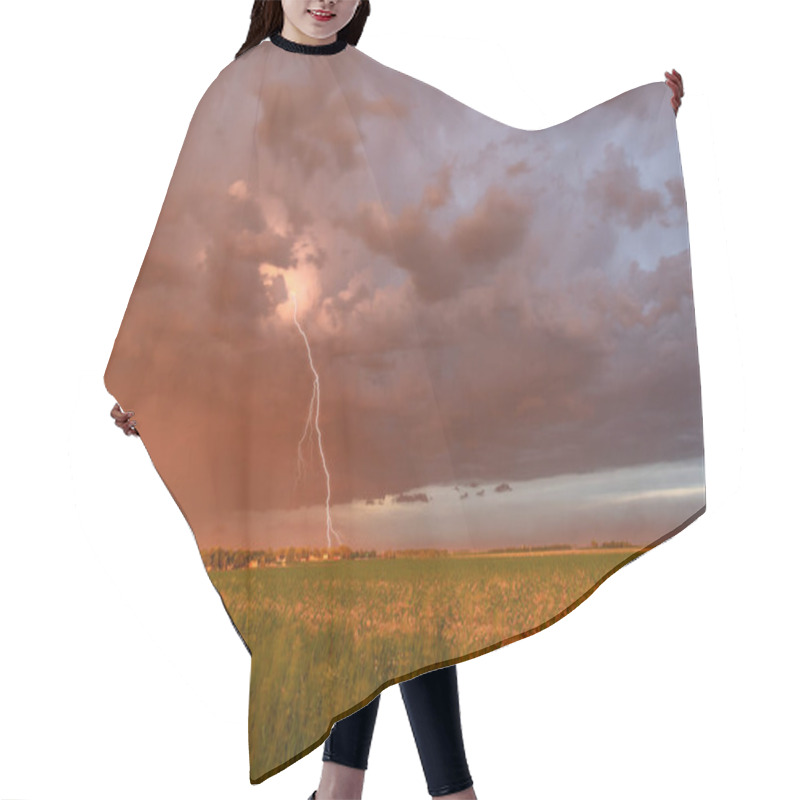 Personality  A Large Dust Storm Blows Across A Field And Small Town At Sunset, Casting A Vibrant Deep Orange Hue Across The Horizon And Topped Off With A Large Lightning Bolt Hair Cutting Cape