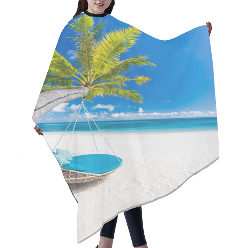 Personality  Tropical Beach Background As Summer Landscape With Beach Swing Or Hammock And White Sand And Calm Sea For Beach Banner. Perfect Beach Scene Vacation And Summer Holiday Concept. Boost Up Color Process Hair Cutting Cape