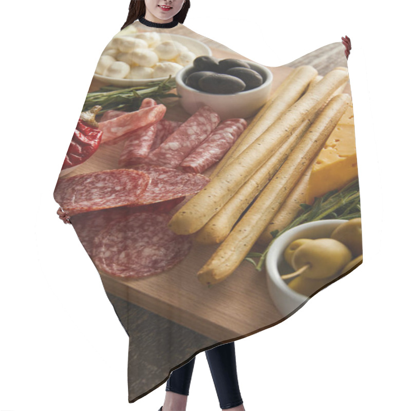 Personality  High Angle View Of Board With Breadsticks, Salami Slices And Antipasto Ingredients On Wooden Background Hair Cutting Cape