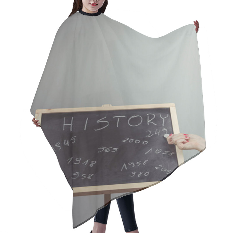 Personality  History, Written With White Chalk On A Blackboard. Hair Cutting Cape