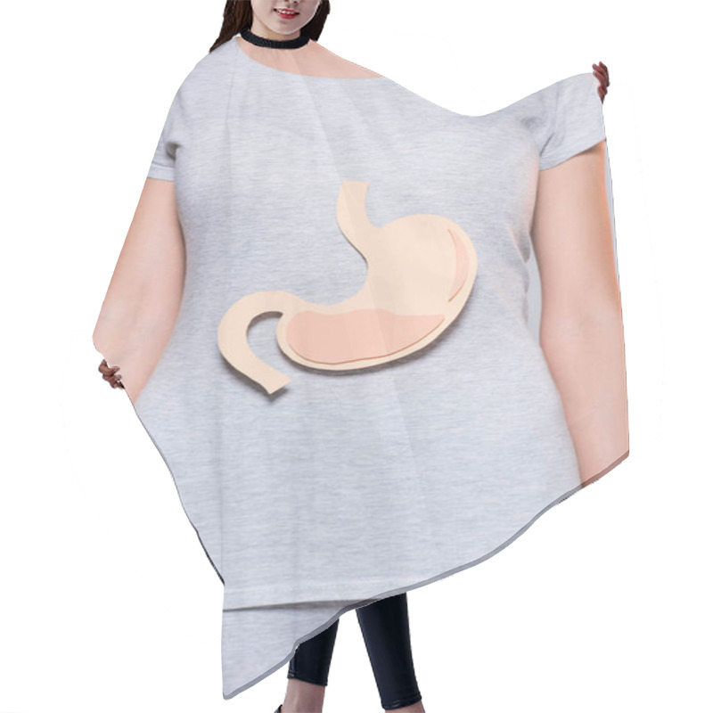 Personality  Partial View Of Woman With Paper Made Human Stomach On Grey Background Hair Cutting Cape