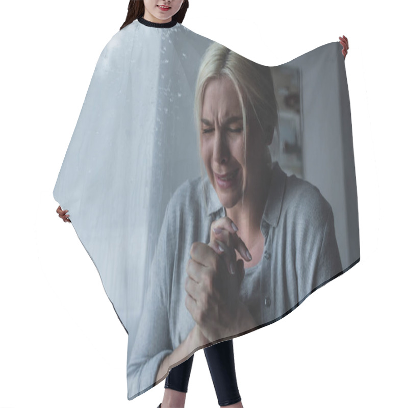 Personality  Depressed Blonde Woman Crying Behind Window Glass With Rain Drops  Hair Cutting Cape