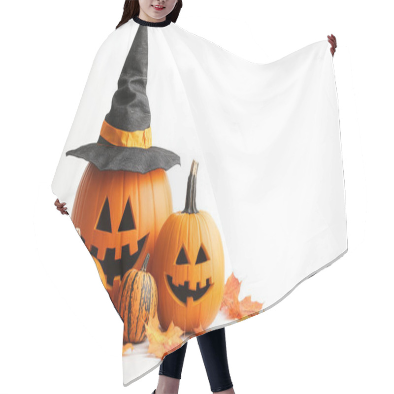 Personality  A Group Of Carved Pumpkins With Various Expressions And Witch Hats, Symbolizing Halloween Celebrations And Festive Decorations. Hair Cutting Cape