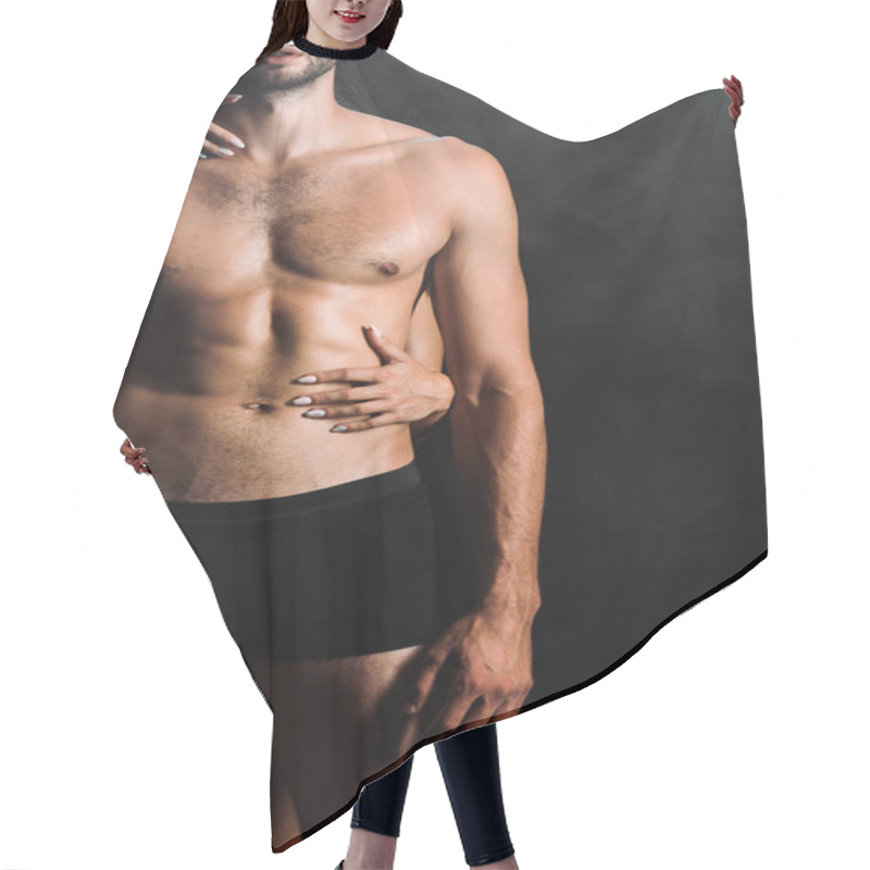 Personality  Cropped View Of Woman Hugging Bearded Shirtless Man On Black With Smoke  Hair Cutting Cape