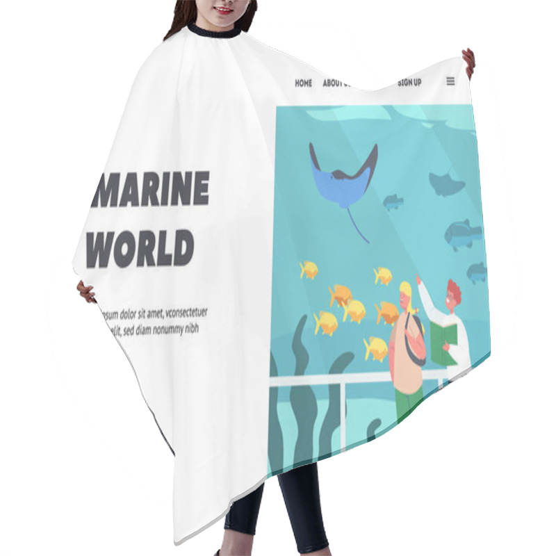 Personality  Marine World Landing Page Template. School Kids Characters In Oceanarium Learning Underwater Animals, Aquarium Hair Cutting Cape