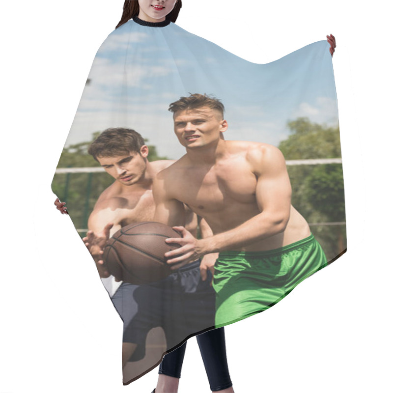 Personality  Shirtless Muscular Sportsmen Playing Basketball At Basketball Court Under Blue Sky Hair Cutting Cape