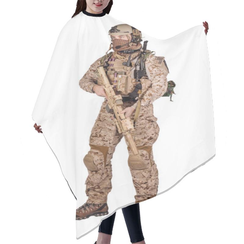 Personality  Special Forces Soldier With Rifle On White Background. Army, Military And People Concept Hair Cutting Cape