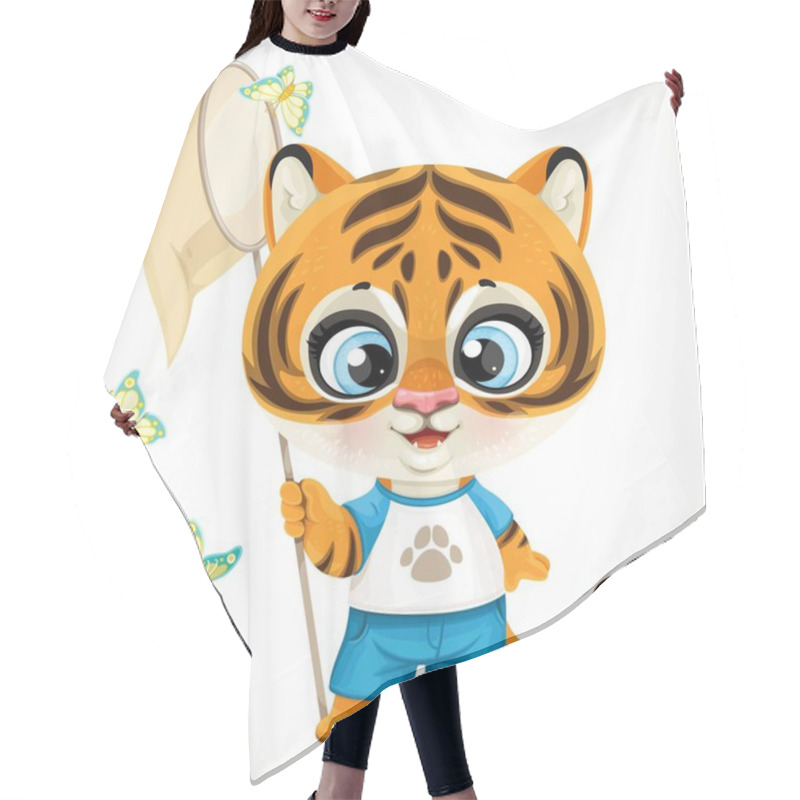 Personality  Cute Cartoon Baby Tiger Cub Holding A Butterfly Net In Its Paw Surrounded By Butterflies Isolated On A White Background Hair Cutting Cape