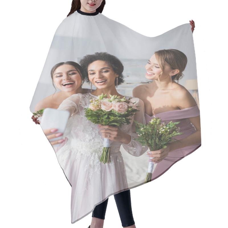 Personality  African American Bride Taking Selfie With Cheerful Bridesmaids At Home Hair Cutting Cape