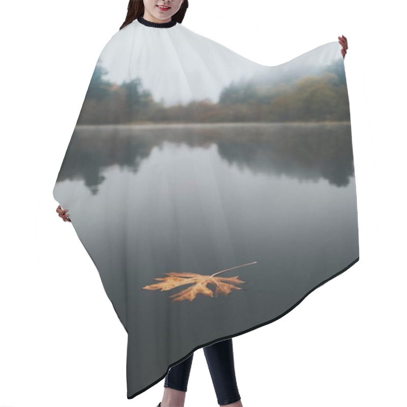 Personality  Large Golden Autumn Leaf Floating In A Lake With A Beautiful Natural Background And Reflections Hair Cutting Cape