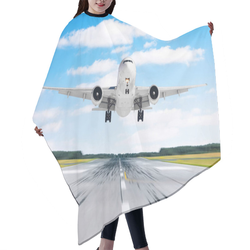 Personality  Big Airplane Aircraft Flying Departure Landing Speed Motion On A Runway In The Good Weather With Cumulus Clouds Sky Day. Hair Cutting Cape