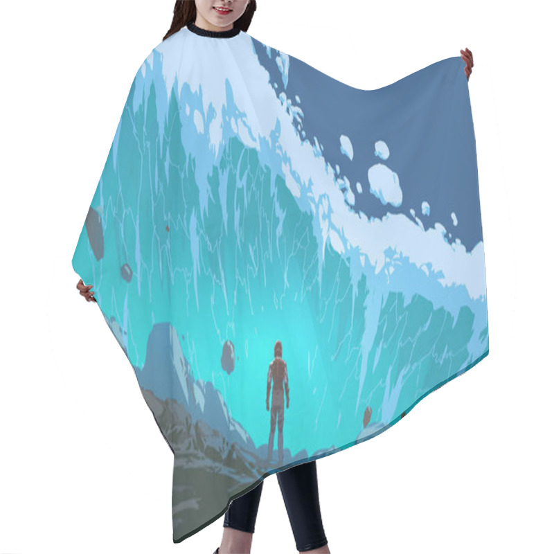 Personality  Futuristic Man Standing In The Midst Of A Huge Wave That Is Rushing Towards Him, Digital Art Style, Illustration Painting Hair Cutting Cape