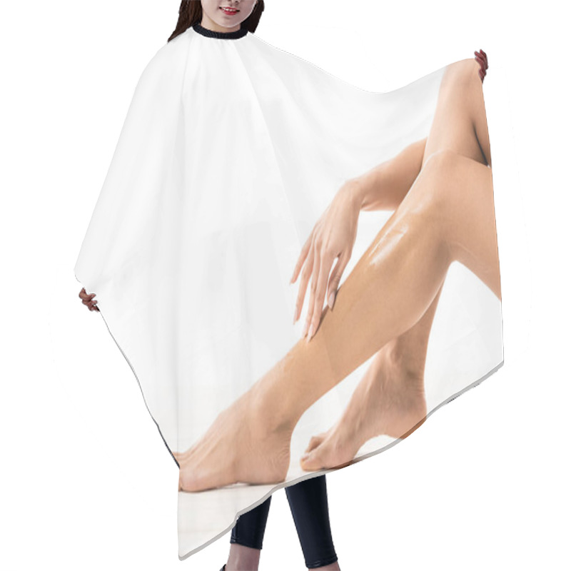 Personality  Cropped Shot Of African American Woman Touching Leg With Sugar Wax On White  Hair Cutting Cape