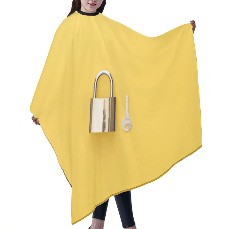 Personality  Top View Of Padlock Near Key On Yellow Background Hair Cutting Cape