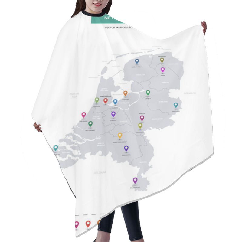 Personality  Netherlands Map With Location Pointer Marks. Infographic Vector Template, Isolated On White Background.  Hair Cutting Cape