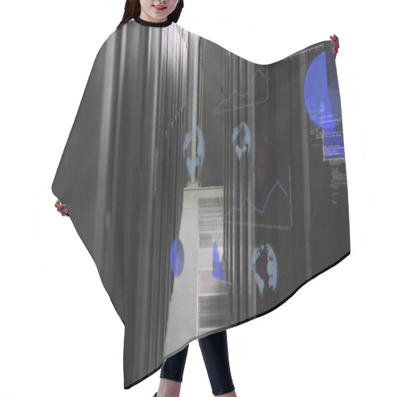 Personality  Global Data Processing Image Over Server Racks In Data Center. Technology, Servers, Network, Infrastructure, Cybersecurity, Information Hair Cutting Cape