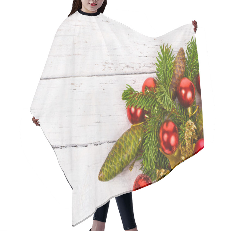 Personality  Branch Of Christmas Tree And Red Christmas Balls On A White Background Painted Old Wood Planks As Background, Concept Of New Year Hair Cutting Cape