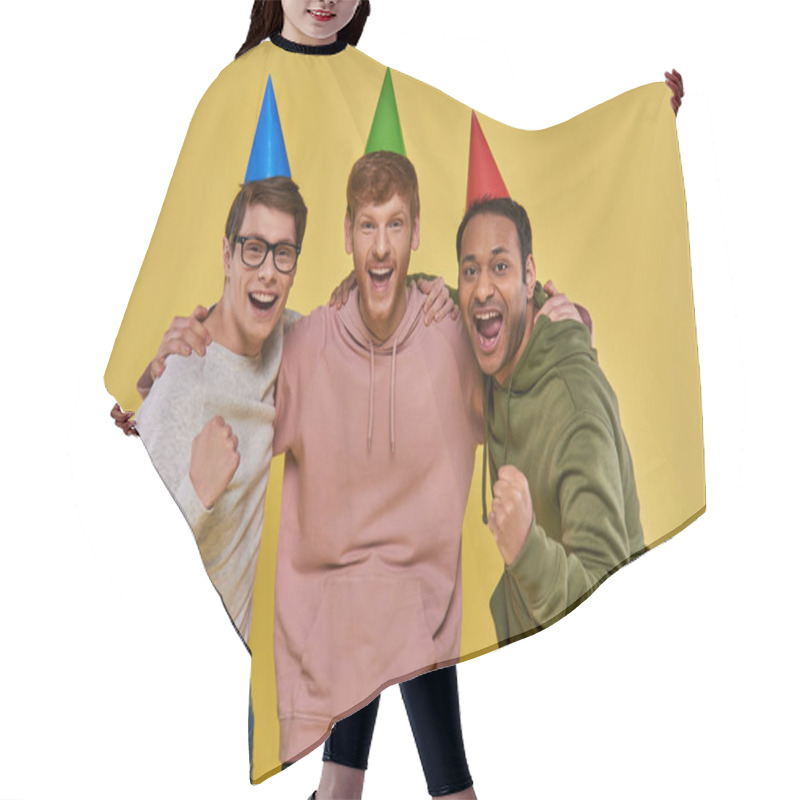 Personality  Three Multicultural Cheerful Friends In Birthday Hats Hugging And Looking At Camera, Birthday Hair Cutting Cape