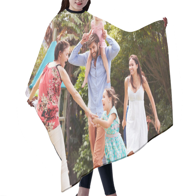 Personality  Adults And Kids Having Fun In A Garden Hair Cutting Cape