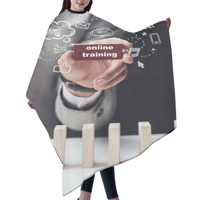 Personality  Partial View Of Man Holding Red Brick With Words 'online Training' Isolated On Black, Icons On Foreground Hair Cutting Cape