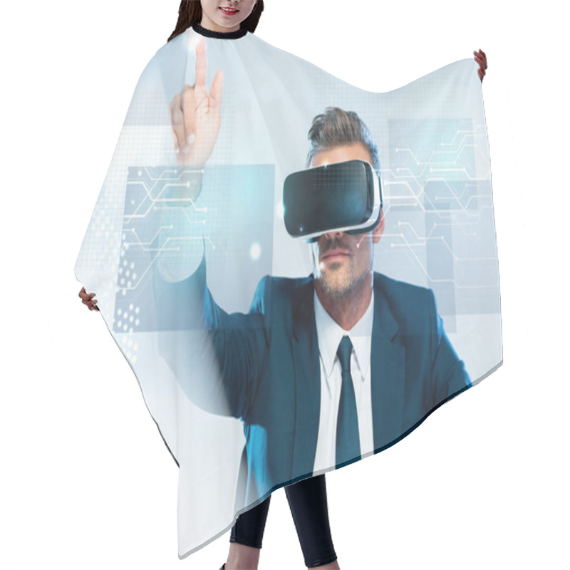 Personality  Businessman In Virtual Reality Headset Touching Innovation Technology Isolated On White, Artificial Intelligence Concept Hair Cutting Cape