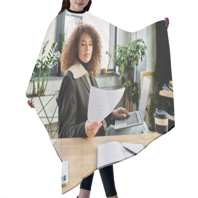 Personality  A Determined Woman Is Reading Papers While Seated At Her Desk, Surrounded By Plants And Sunlight. Hair Cutting Cape