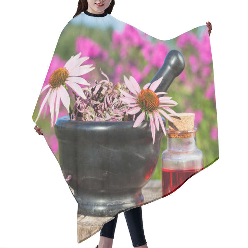 Personality  Mortar With Coneflowers And Vial With Essentia Oil In Garden Hair Cutting Cape