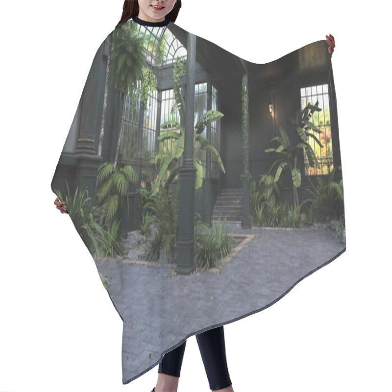 Personality  Old Greenhouse Conservatory Building Interior. 3D Rendering. Hair Cutting Cape