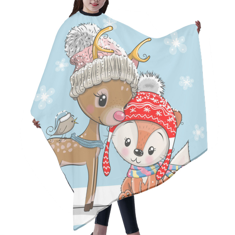 Personality  Winter Illustration Of Cute Deer Fox And Bird In Hats Hair Cutting Cape