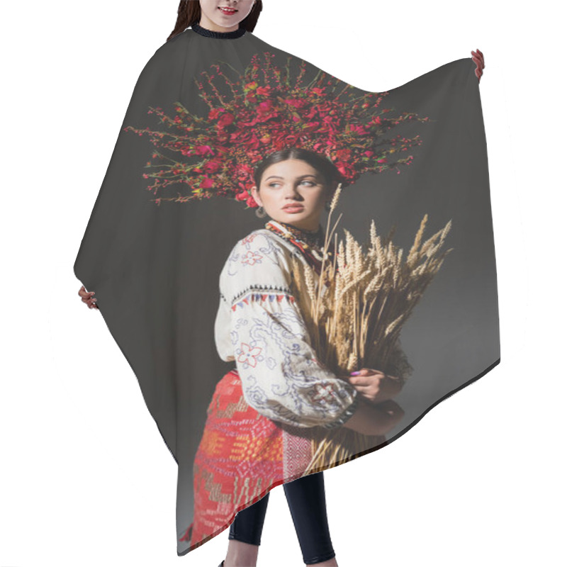 Personality  Brunette And Young Ukrainan Woman In Red Floral Wreath With Berries Holding Wheat Spikelets On Black Hair Cutting Cape