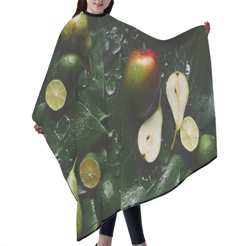 Personality  Top View Of Fresh Ripe Fruits, Ice Cubes And Beautiful Green Tropical Leaves  Hair Cutting Cape