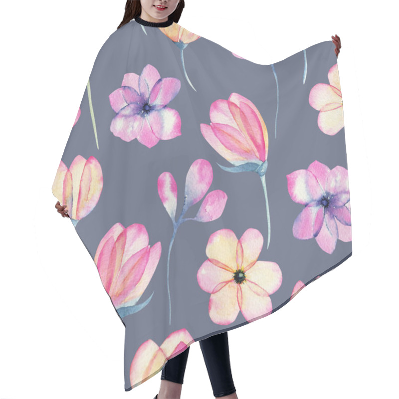 Personality  Watercolor Pastel Pink Apple Blossom Flowers Seamless Pattern, Hand Painted On A Blue Background Hair Cutting Cape