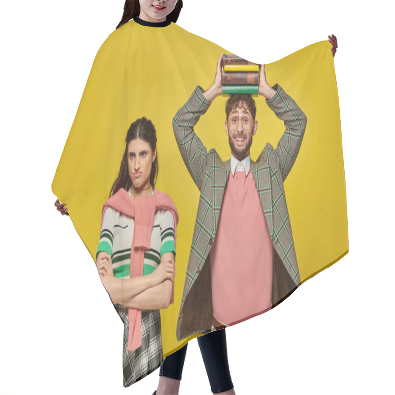 Personality  Displeased Woman Standing With Folded Arms Near Happy Man With Books On Head, Different Emotions Hair Cutting Cape