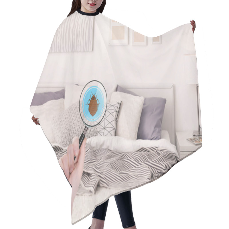 Personality  Woman With Magnifying Glass Detecting Bed Bug In Bedroom Hair Cutting Cape