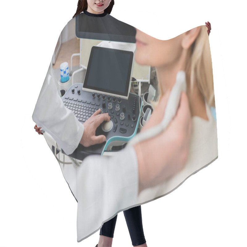 Personality  Partial View Of Physician Examining Blurred Woman While Operating Ultrasound Machine Hair Cutting Cape