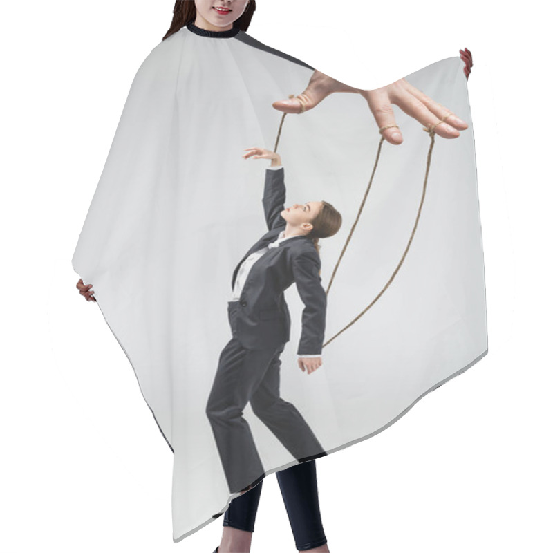 Personality  Cropped View Of Puppeteer Holding Businesswoman Marionette On Strings Isolated On Grey Hair Cutting Cape