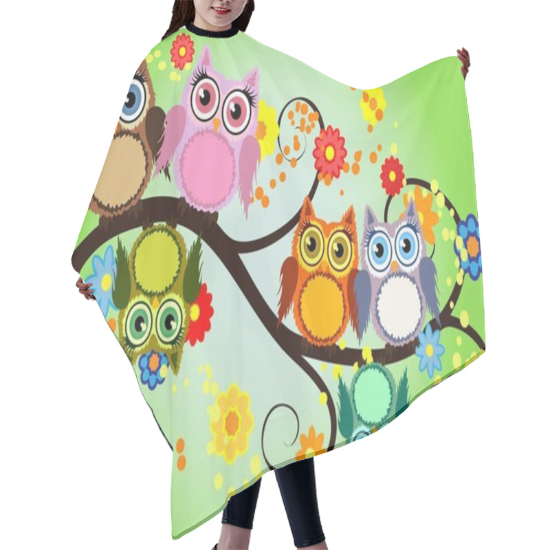 Personality  Bright Cute Cartoon Owls Sit On The Flowering Branches Of Fantastic Trees Hair Cutting Cape