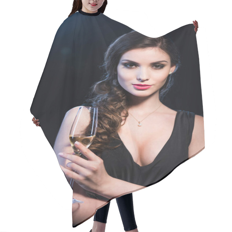 Personality  Stylish Woman Drinking Champagne  Hair Cutting Cape