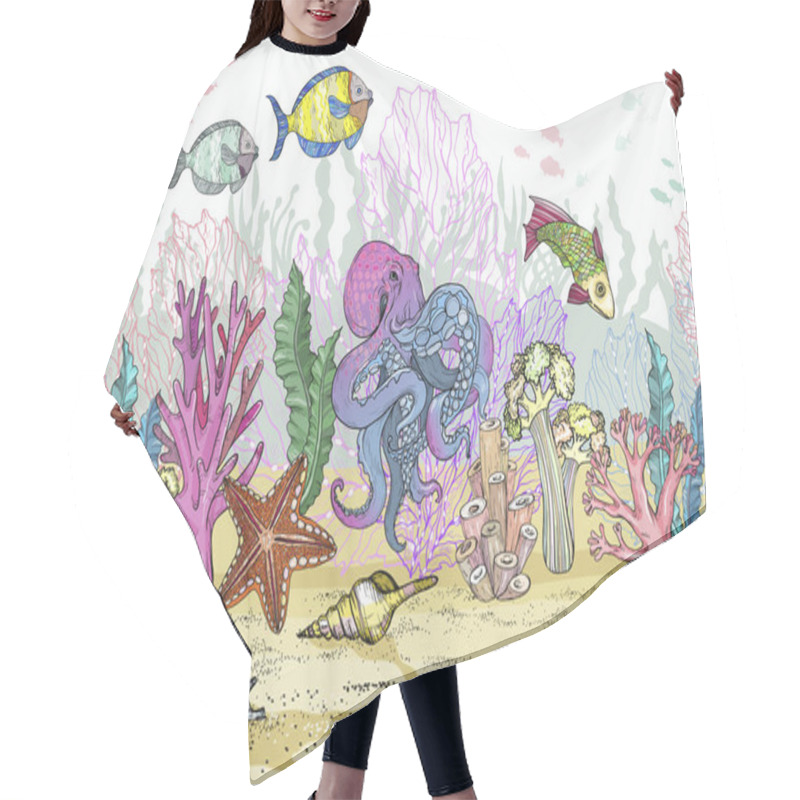 Personality  Seamless Pattern With Hand Drawn Sea Coral Reef, Oceanic Animal. Hair Cutting Cape