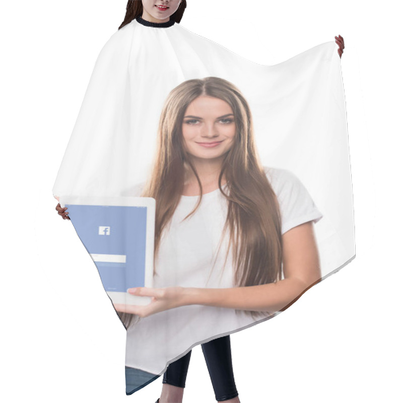 Personality  Girl Showing Tablet With Facebook Page Hair Cutting Cape