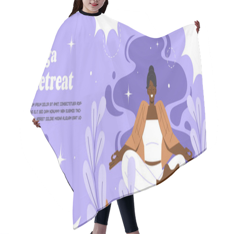 Personality  Yoga Retreat Banner. Landing Page Design. Woman Sitting At Lotus Position. Active Lifestyle, Fitness And Sport. Meditation, Harmony And Inner Peace. Cartoon Flat Vector Illustration Hair Cutting Cape