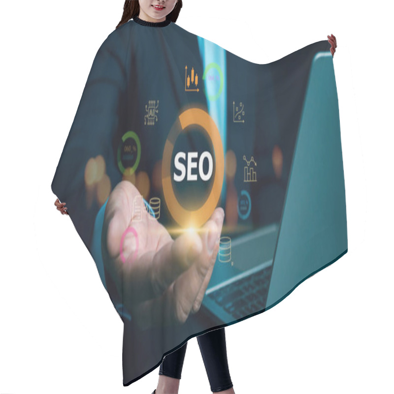 Personality  SEO, Marketing Planning, Businessman Search On Virtual Screen Data Search Technology Search Engine Optimization, Businessman Use Search Engine To Searching For Information, Using Web Console For Data. Hair Cutting Cape