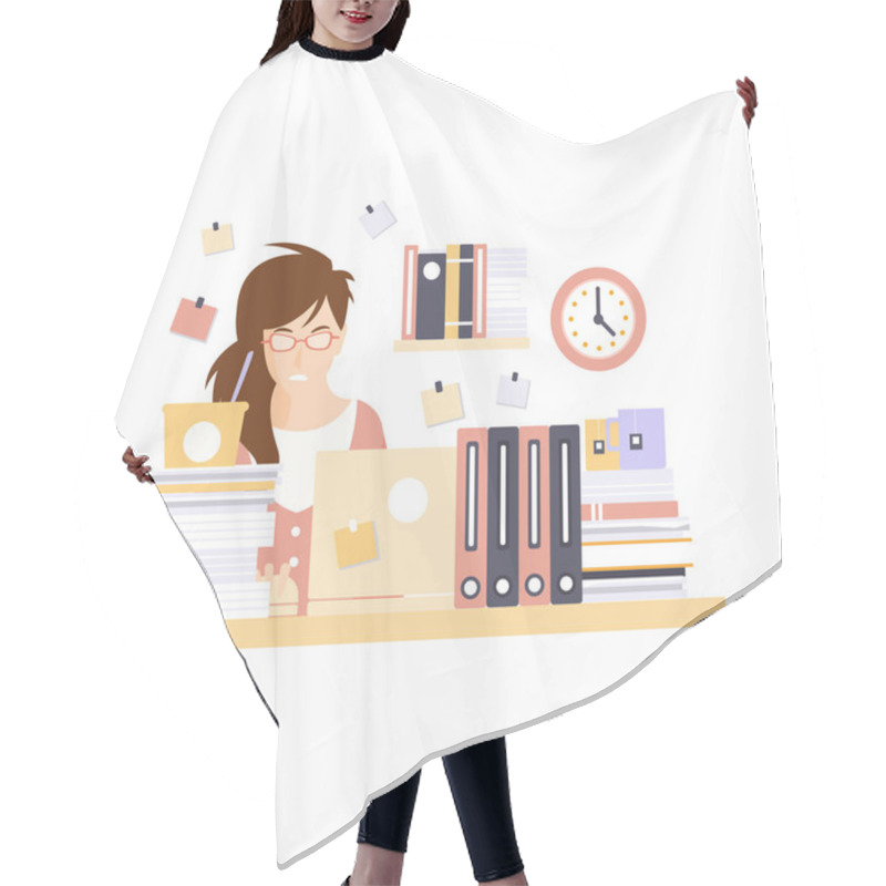 Personality  Stressed Woman Office Worker In Office Cubicle Having Her Daily Routine Situation Cartoon Character Hair Cutting Cape