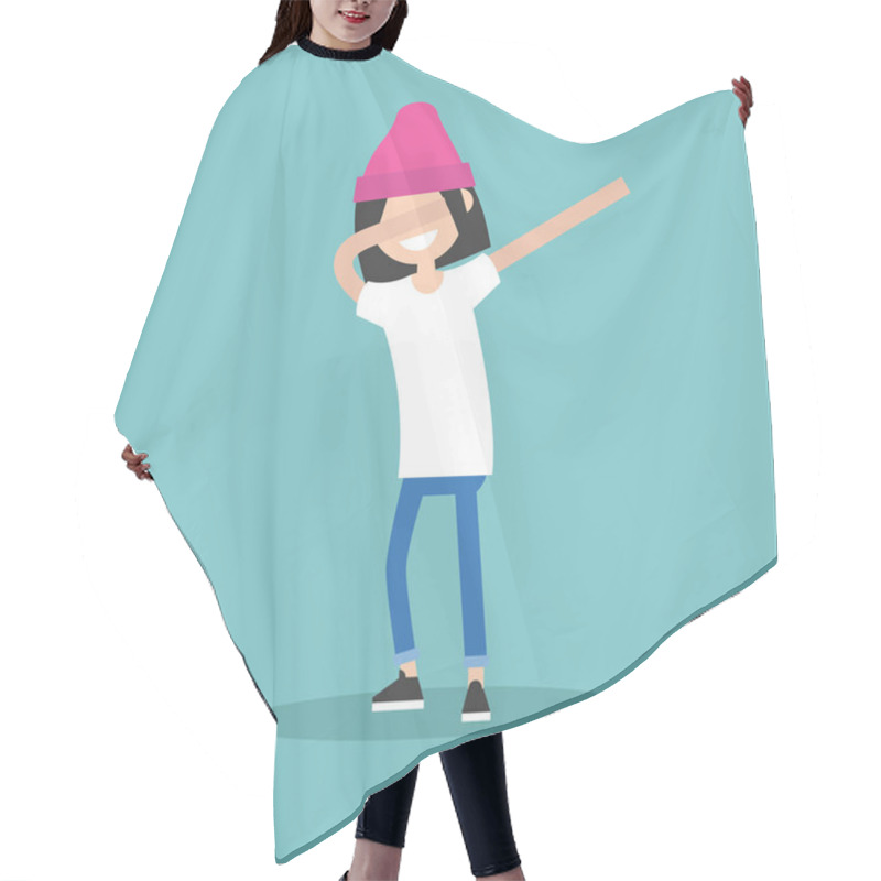 Personality  Young Female Character Making DAB Dance / Flat Editable Vector I Hair Cutting Cape