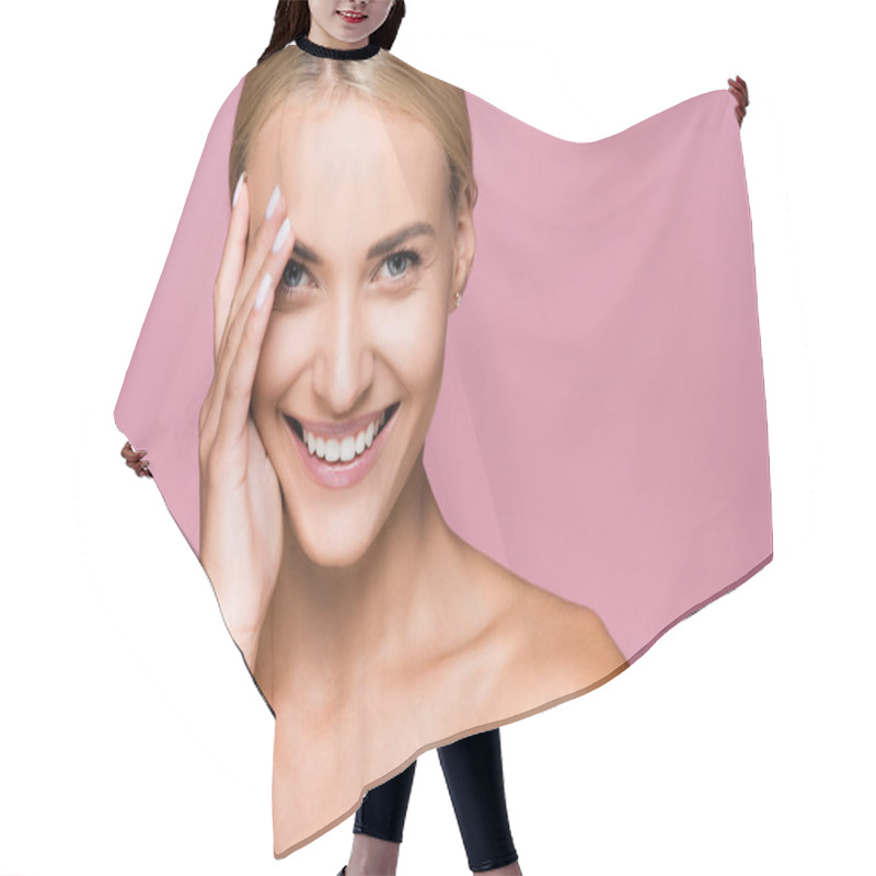 Personality  Smiling Beautiful Blonde Woman Touching Face Isolated On Pink Hair Cutting Cape